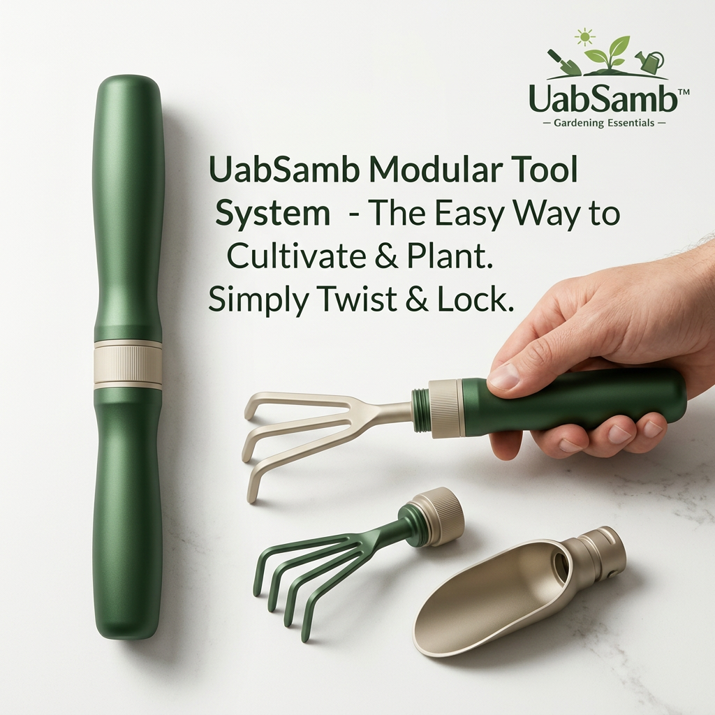 UabSamb™ Modular Gardening Tool Set - 4-Piece Interchangeable Garden Hand Tools with Ergonomic Handle, Twist & Lock Trowel Shovel, Hand Rake, and Cultivator, Space-Saving Gardening Gift for Weeding, Planting, and Cultivating