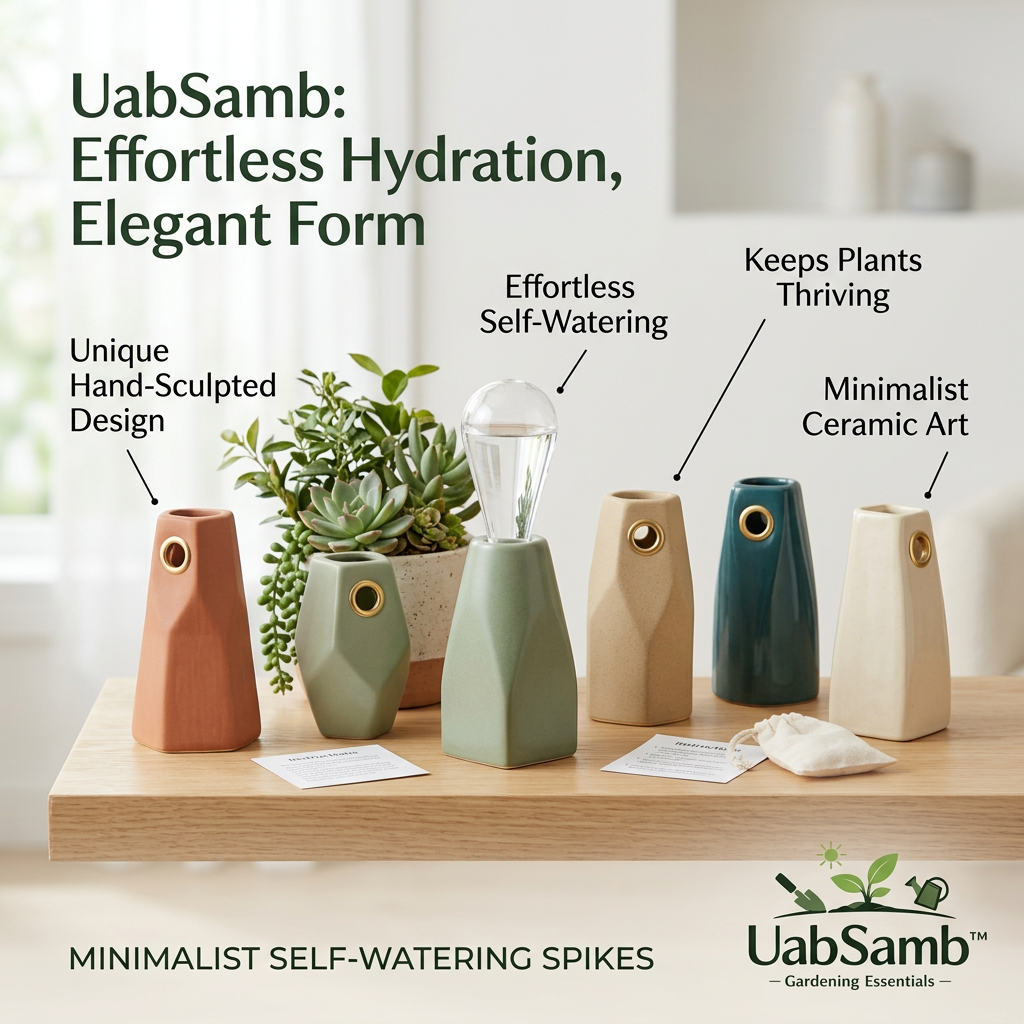 UabSamb⢠Minimalist Ceramic Self-Watering Spikes | Hand-Sculpted Automatic Plant Watering Stakes for Indoor & Outdoor Plants | Decorative Terracotta Clay Waterer Devices for Vacation Plant Care