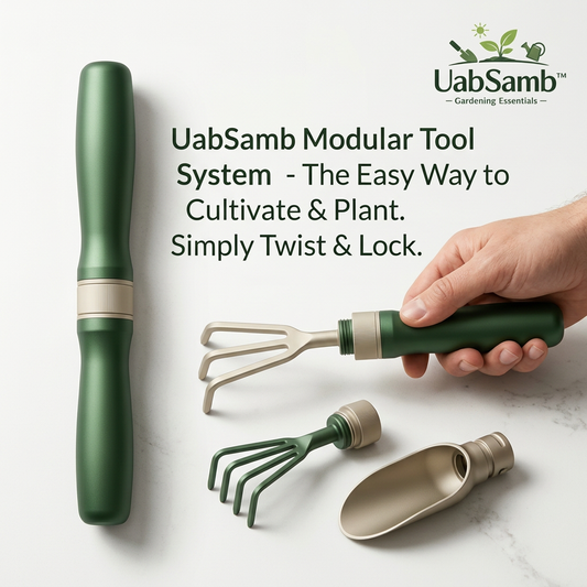 UabSamb™ Modular Gardening Tool Set - 4-Piece Interchangeable Garden Hand Tools with Ergonomic Handle, Twist & Lock Trowel Shovel, Hand Rake, and Cultivator, Space-Saving Gardening Gift for Weeding, Planting, and Cultivating