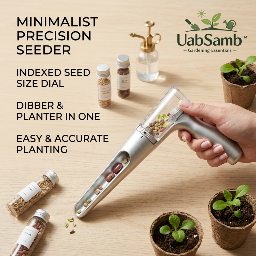UabSamb™ Precision Handheld Seeder and Garden Dibber 2-in-1 | Adjustable Manual Seed Planter Sowing Tool with Indexed Seed Size Dial for Vegetable, Flower, and Herb Gardening
