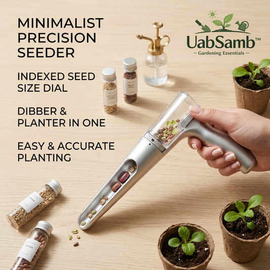 UabSamb™ Precision Handheld Seeder and Garden Dibber 2-in-1 | Adjustable Manual Seed Planter Sowing Tool with Indexed Seed Size Dial for Vegetable, Flower, and Herb Gardening