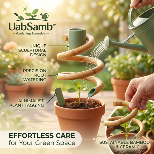 UabSamb™ Bamboo & Ceramic Spiral Plant Waterer – Unique Sculptural Root Watering Funnel for Indoor Plants, Eco-Friendly Houseplant Self-Watering Device with Minimalist Plant Label, Decorative Gardening Gift for Plant Lovers