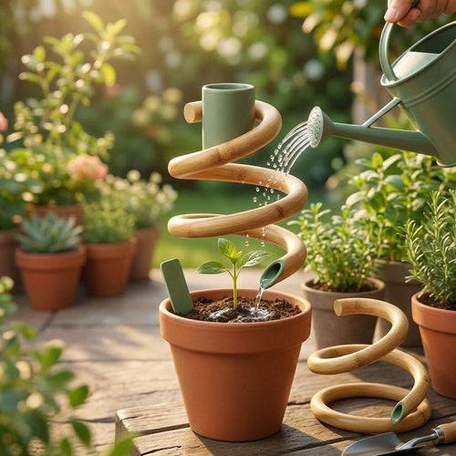 UabSamb™ Bamboo & Ceramic Spiral Plant Waterer – Unique Sculptural Root Watering Funnel for Indoor Plants, Eco-Friendly Houseplant Self-Watering Device with Minimalist Plant Label, Decorative Gardening Gift for Plant Lovers